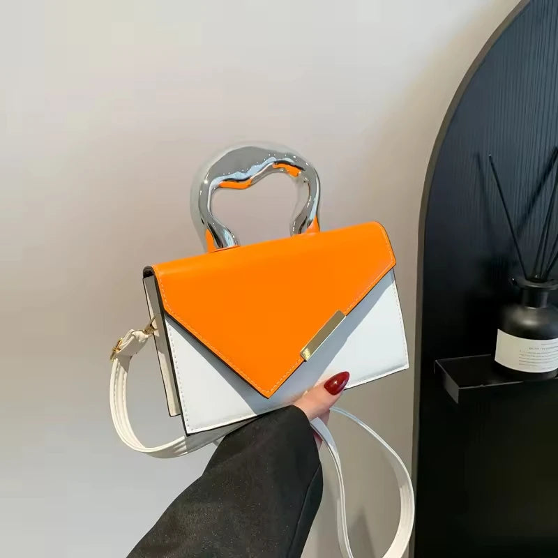 2025 Women's Casual Simple Metal Messenger Bag with Niche Handle Designer Contrasting Color Handbag