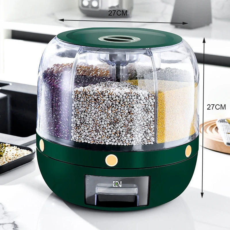 Best Seller Rice Container Kitchen Moisture-Proof 6-Grid Rotating Food Grain Dispenser Cereal Glossy Storage Box