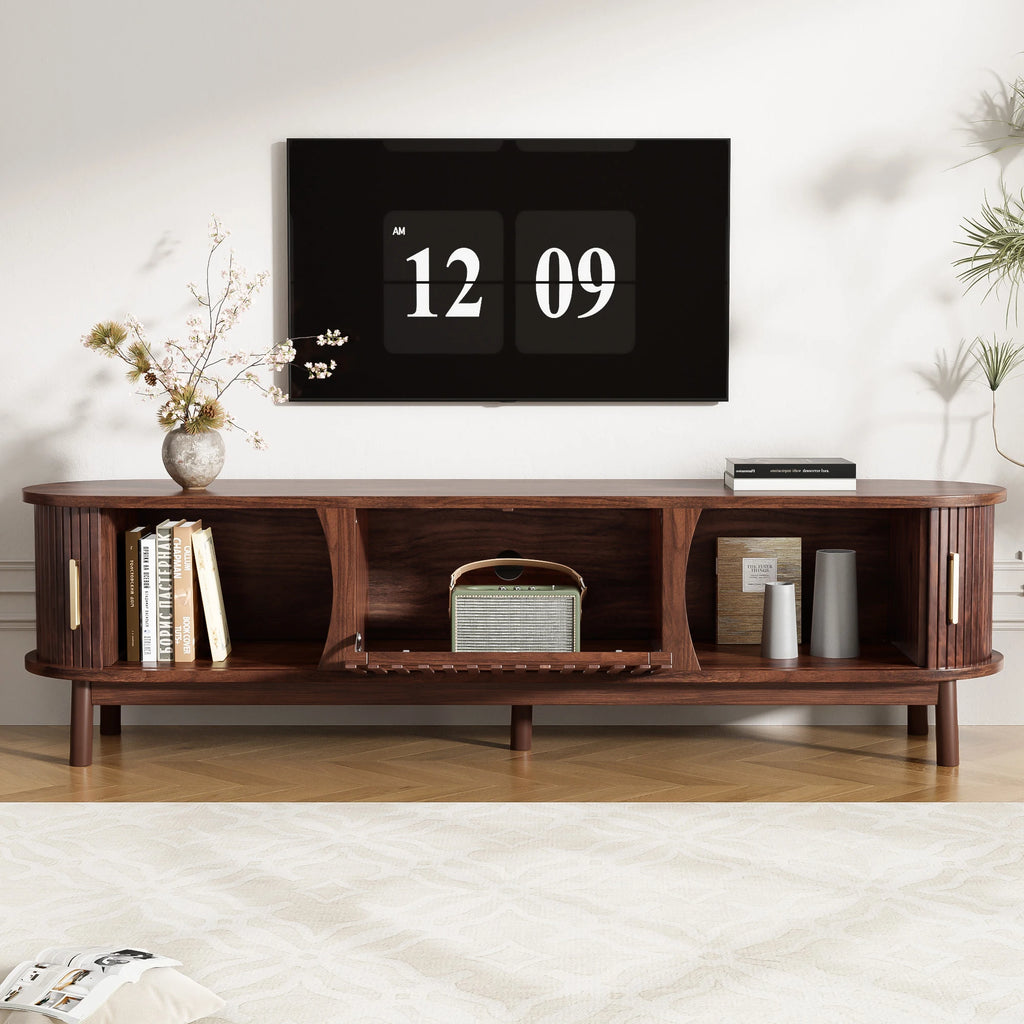 Mid-Century Living Room TV Stand for 75" TVs Wood Entertainment Center with Adjustable Storage Cabinet