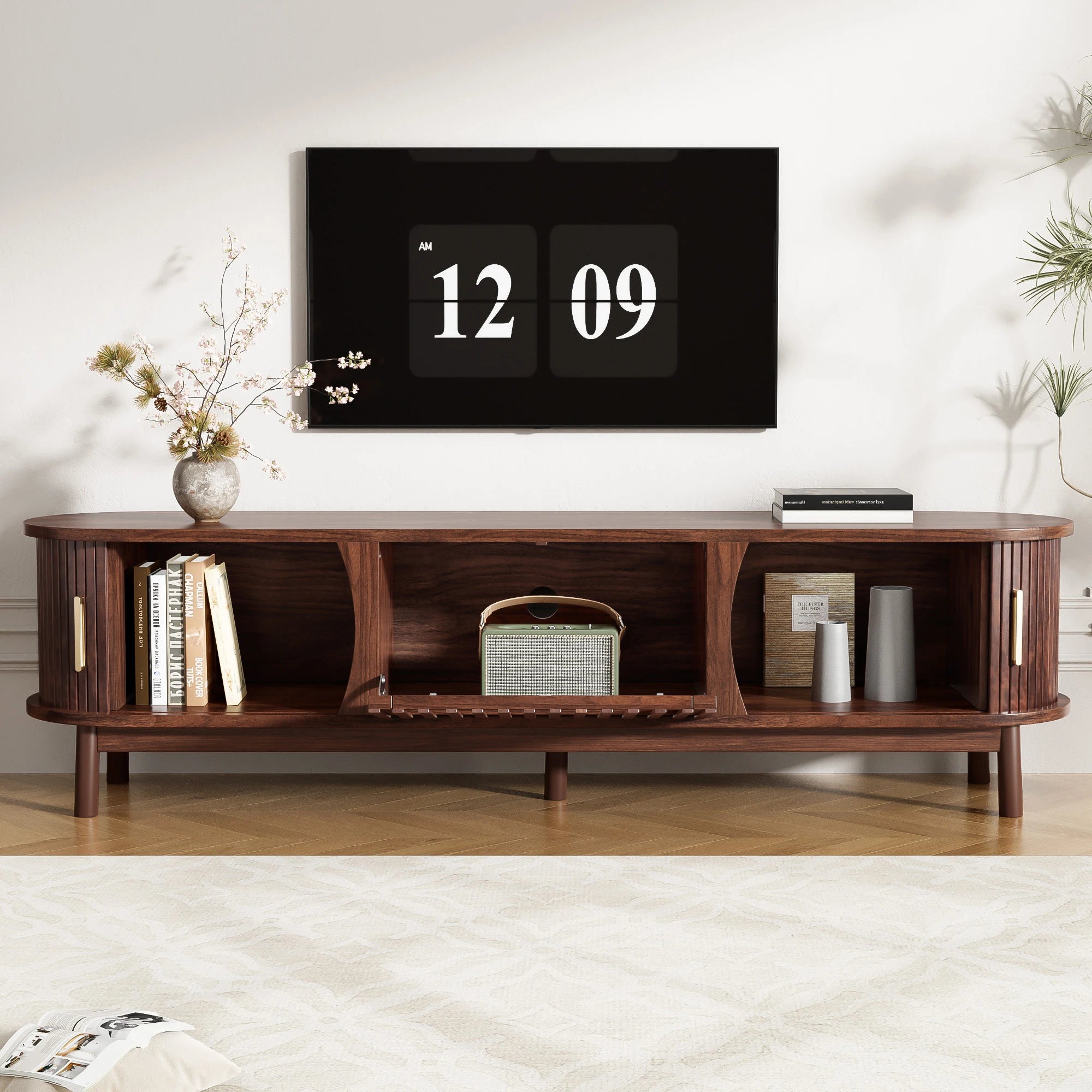 Mid-Century Living Room TV Stand for 75" TVs Wood Entertainment Center with Adjustable Storage Cabinet