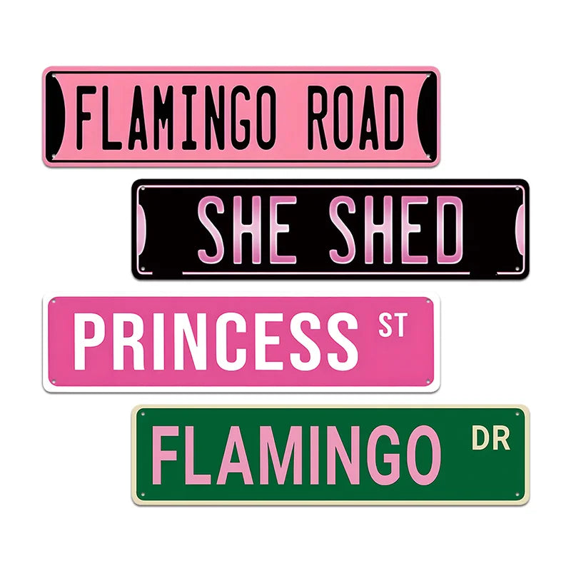 Pink Flamingo Street Metal Tin Sign Retro Flamingo Road She Shed Wall Decor for She Shed Bedroom Girlish Decoration