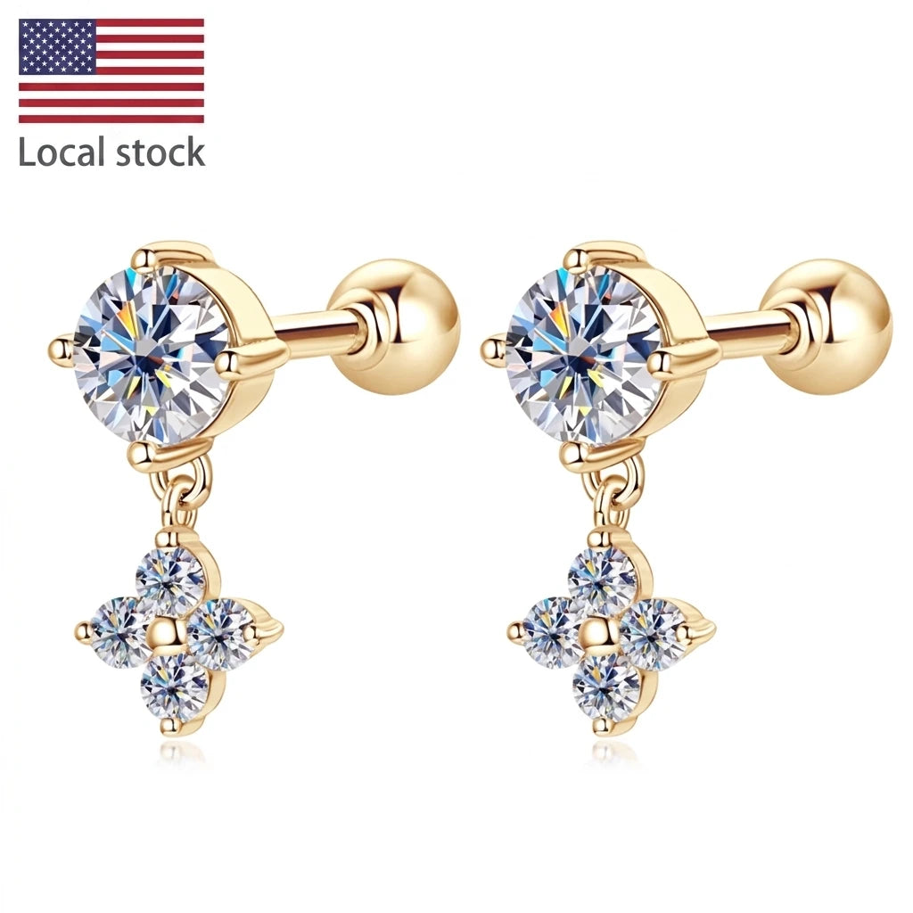 Free Shipping 10K Solid Gold 4mm & 1.6mm Round Moissanite Earrings Jewelry Delicate and Petite Dangling Earrings Wedding Gifts