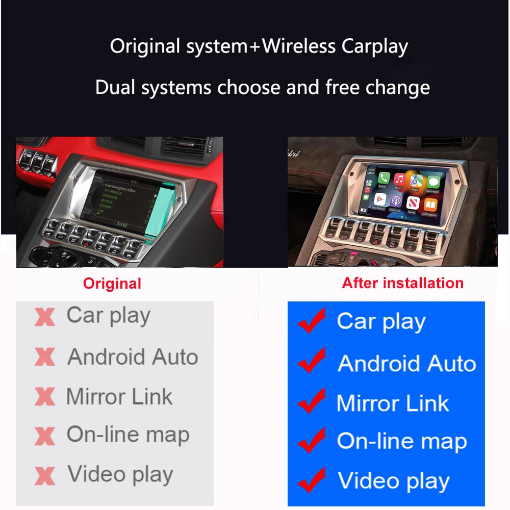Dckloer 7\" Wireless CarPlay Android Auto Screen for Lamborghini Aventador 2012-2019 Dashboard Central Control with Dual System