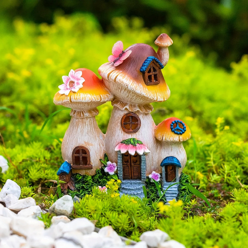 Outdoor Garden Statues Solar Light, Mushroom House Garden Statue Outdoor, Resin Garden Statue Lights Mushroom House Figurine