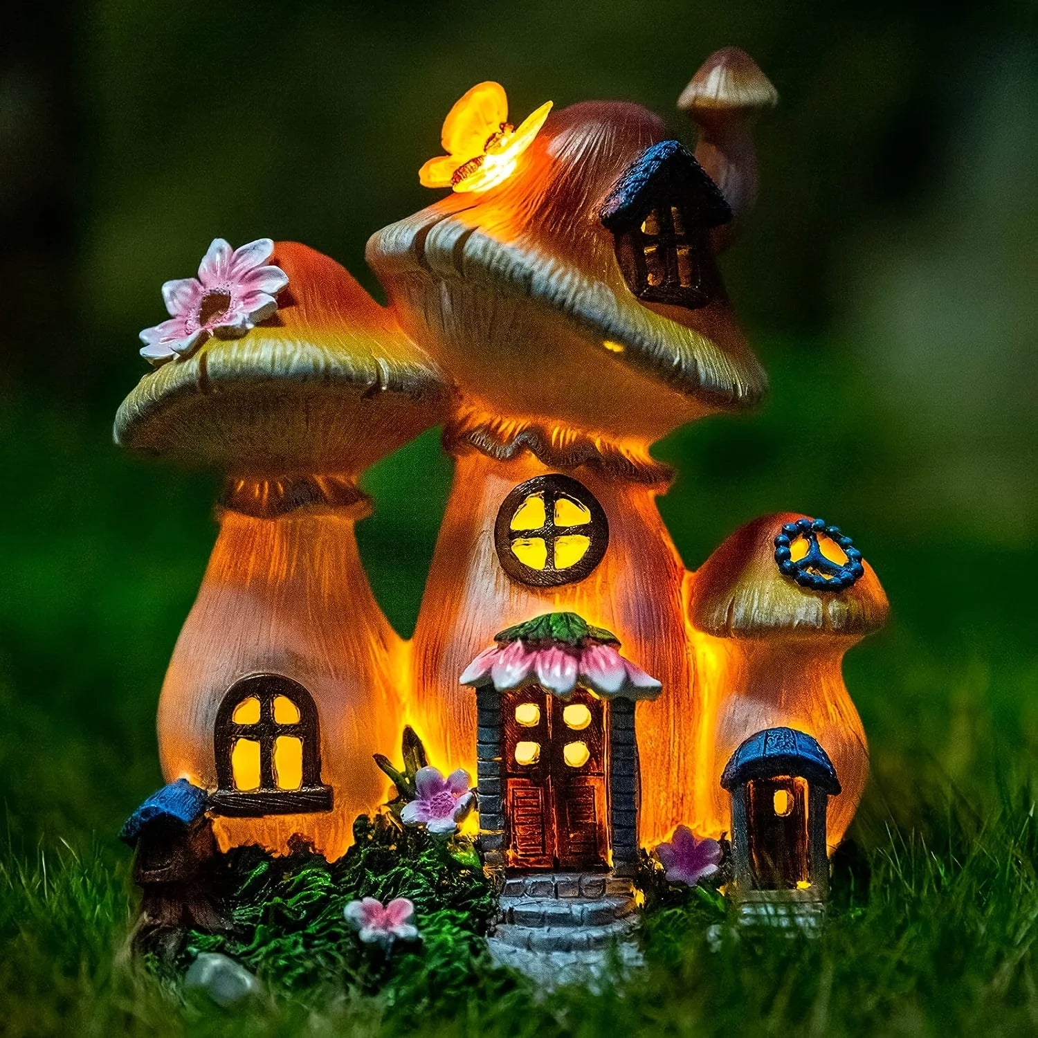 Outdoor Garden Statues Solar Light, Mushroom House Garden Statue Outdoor, Resin Garden Statue Lights Mushroom House Figurine