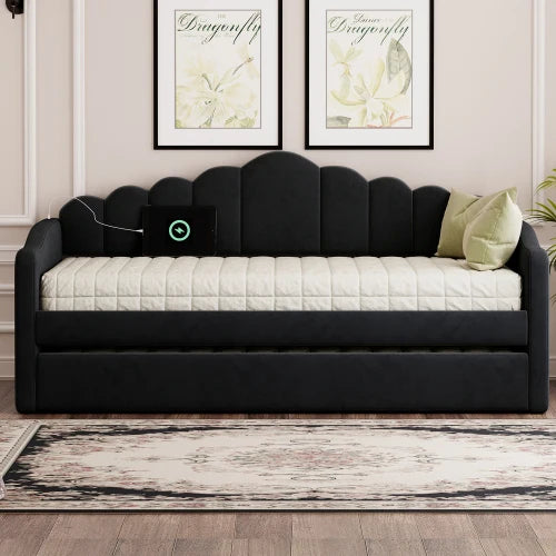 Modern Twin Size Velvet Upholstered Daybed Trundle USB Charging Ports Convertible Living Room Sofa Bed No Boxspring Needed Black