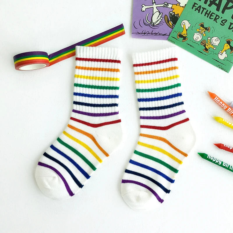 Kids Knee High Rainbow Socks Spring Summer Toddler Child Girls Boys Cotton White School Socks Stripe Long Sock Baby Accessories