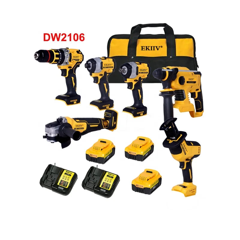 EKIIV Wholesale 6-in-1 Power Tools Combo Kit Multi-Function Drill Cordless Nail Gun Sander Customizable OEM Support