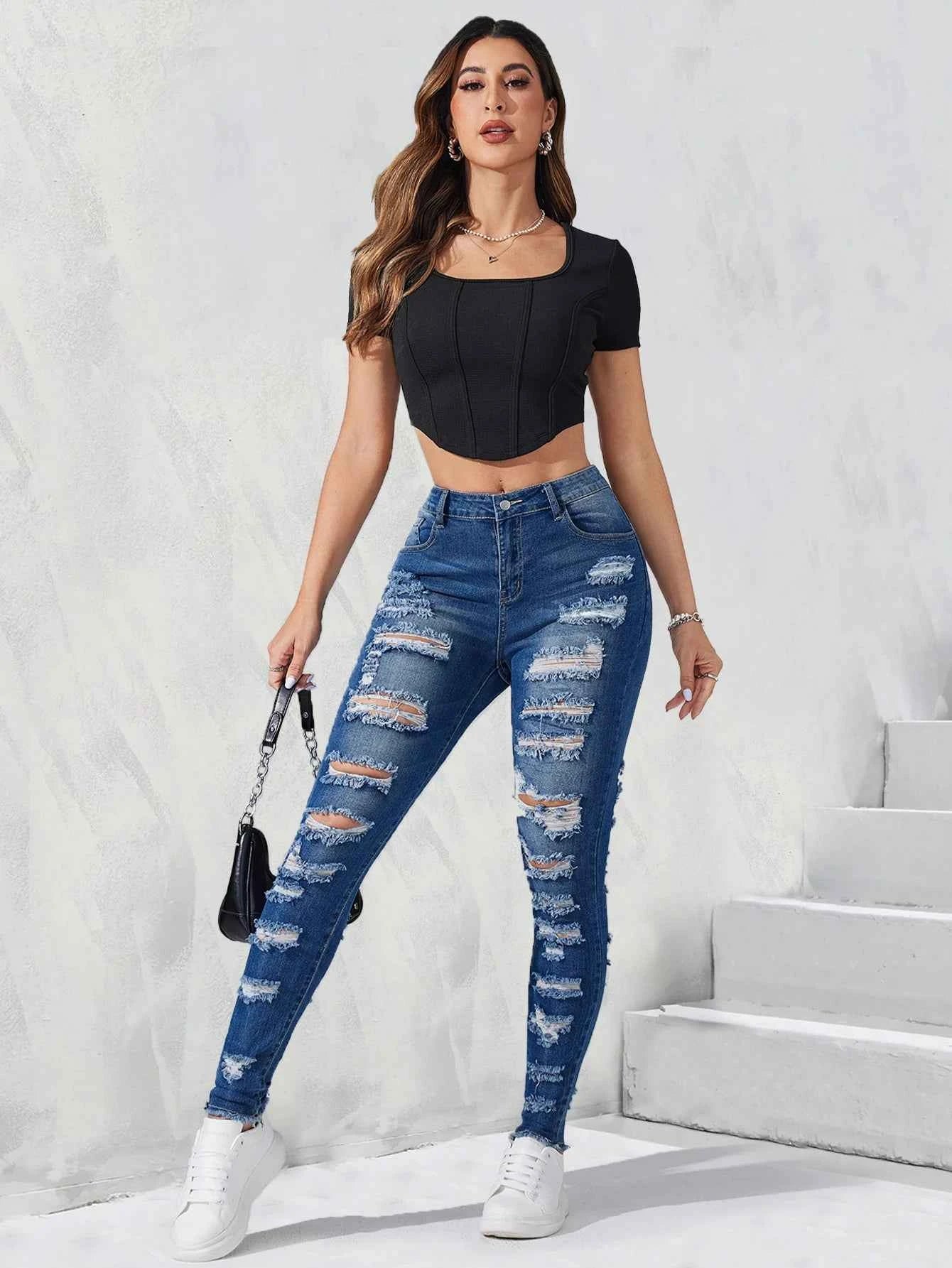 Free Shipping to USA- Wholesale Fashion Women Denim Jeans Blue High Stretchy Ripped Legging Slim Fit Pencil Pants Casual Waist