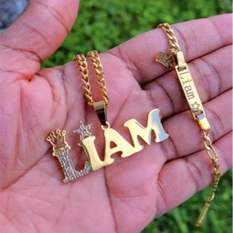QIUHAN Bespoke Children Necklace Custom Crowned Child Name Jewellery Set