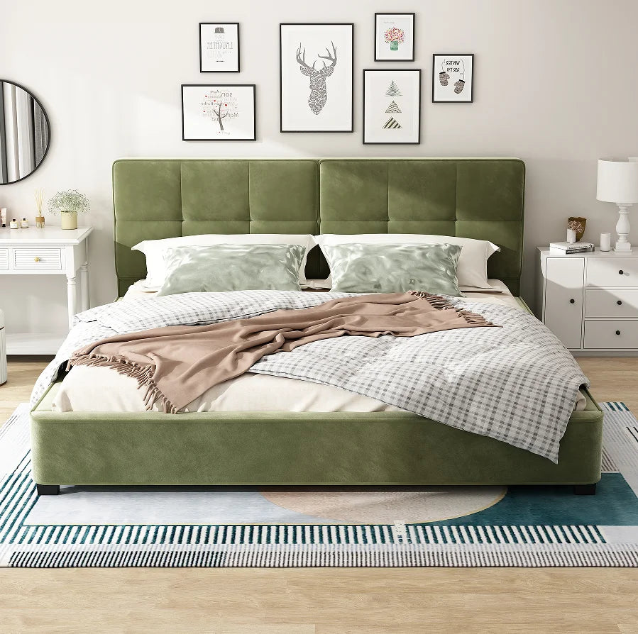 Teak Wood Platform Bed Frame  & King Size with Headboard Modern Soft Bed Eco-Friendly Convertible Natural Color