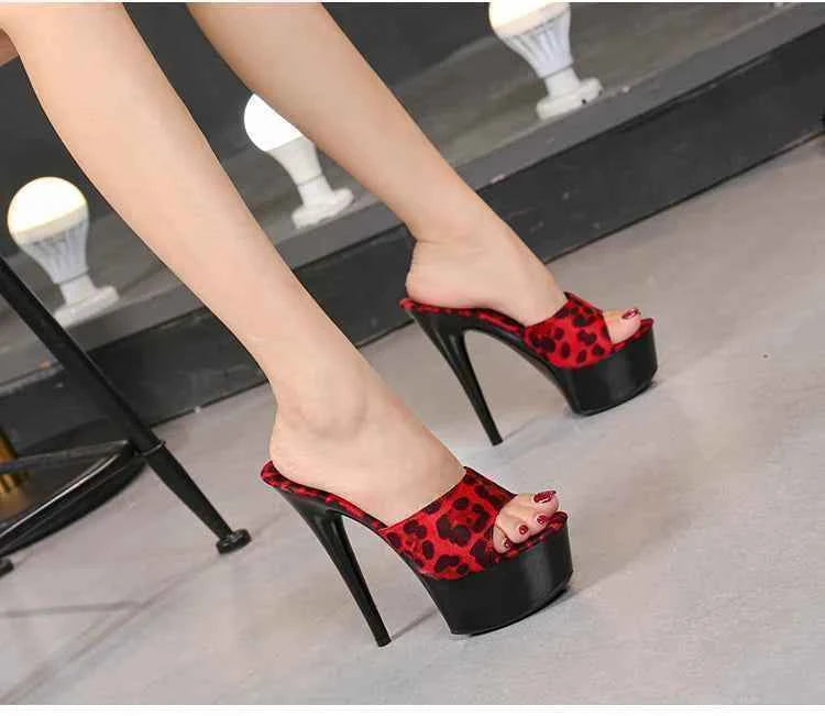Voesnees Summer Slippers Women 2021 High Heels 15cm 17 CM Leopard Print Slip-On Platform Slides Sexy Catwalk Shoes Club Sandals