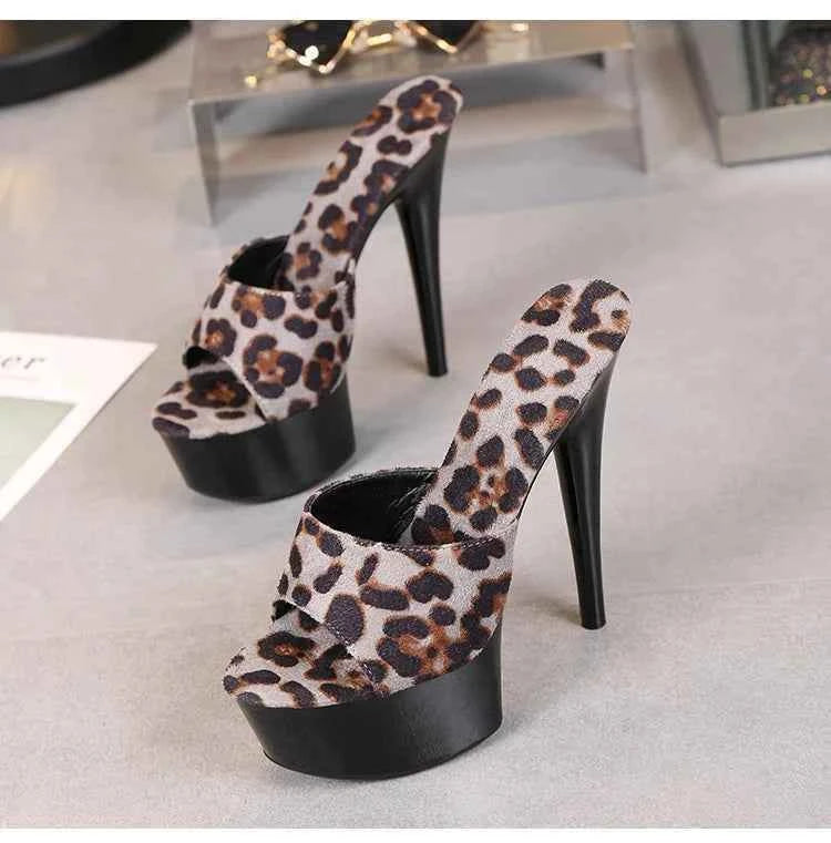 Voesnees Summer Slippers Women 2021 High Heels 15cm 17 CM Leopard Print Slip-On Platform Slides Sexy Catwalk Shoes Club Sandals