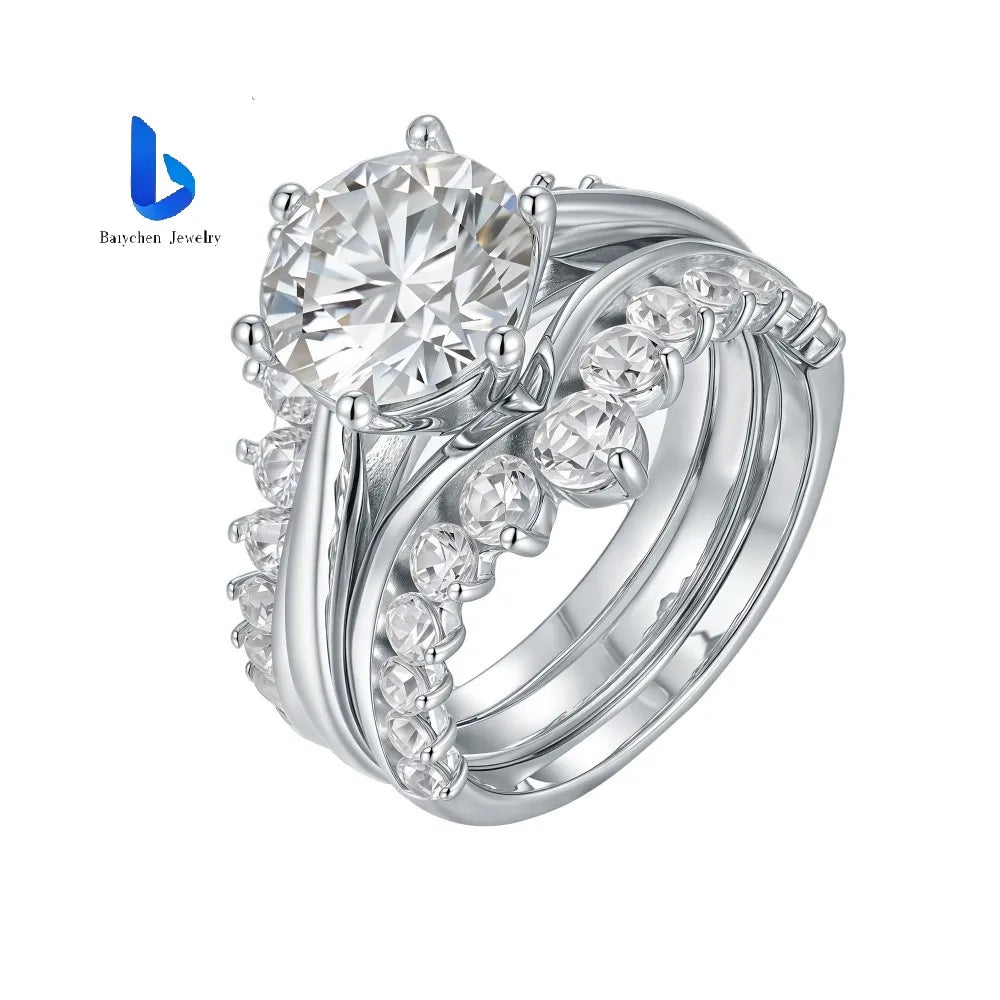 Luxury S925 Silver Wedding Set Prong Set Round Brilliant Cut Moissanite Engagement Ring