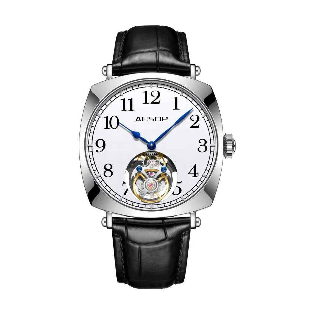 AESOP Flying Tourbillon Watch for Man Skeleton Design Leather Straps Luxury Brand Mechanical Watches