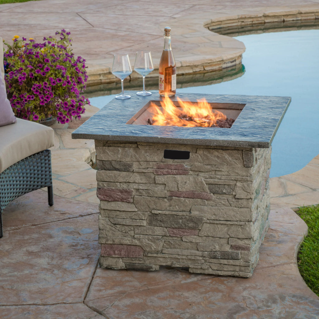 32'' STONE SQUARE MGO FIRE PIT W/ GREY TOP- 40,000 BTU for Outside Patio Deck Garden Backyard-Black