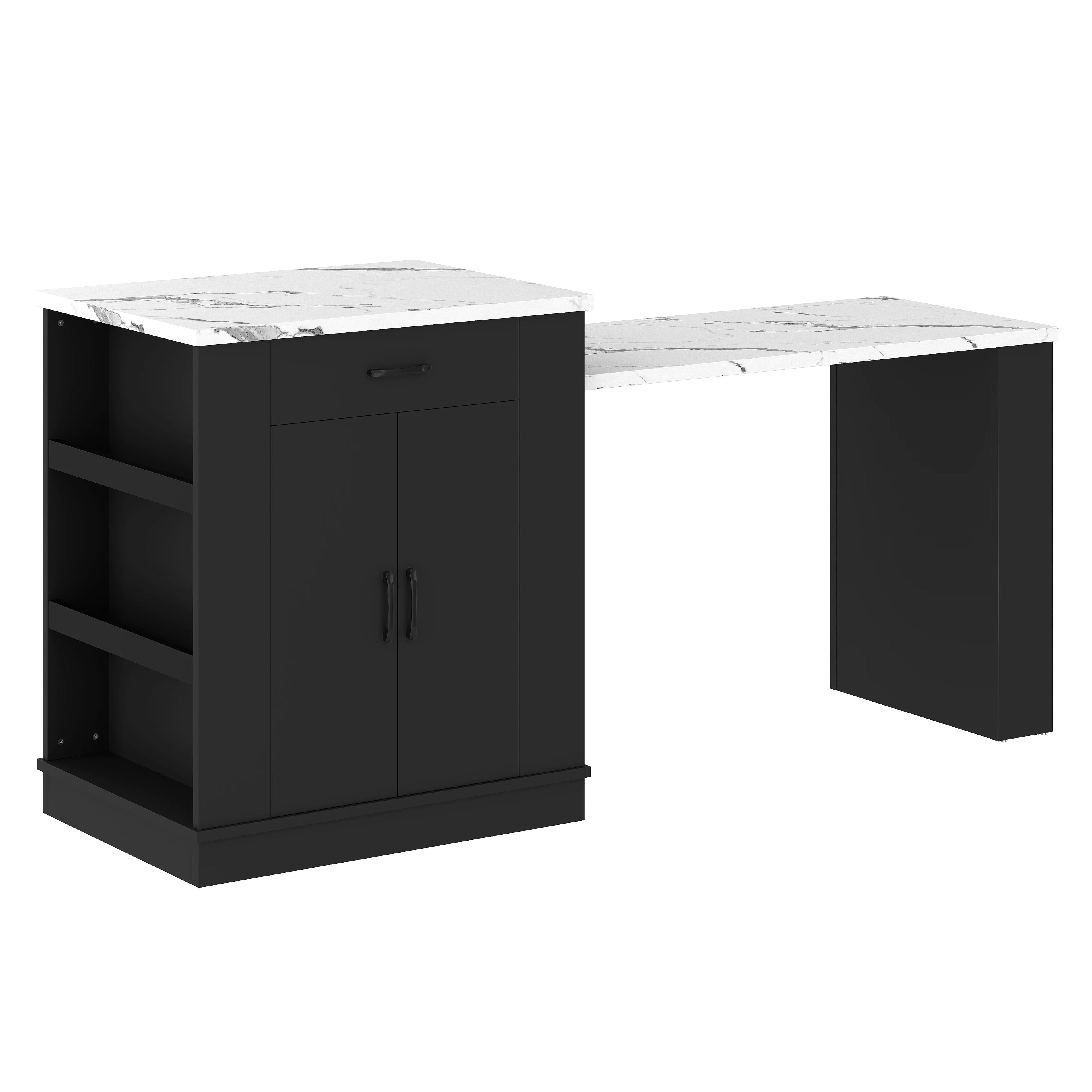 Extendable Island Console with Drawers, Double-door Cabinet, and Open Shelving. Serves As Dining Table