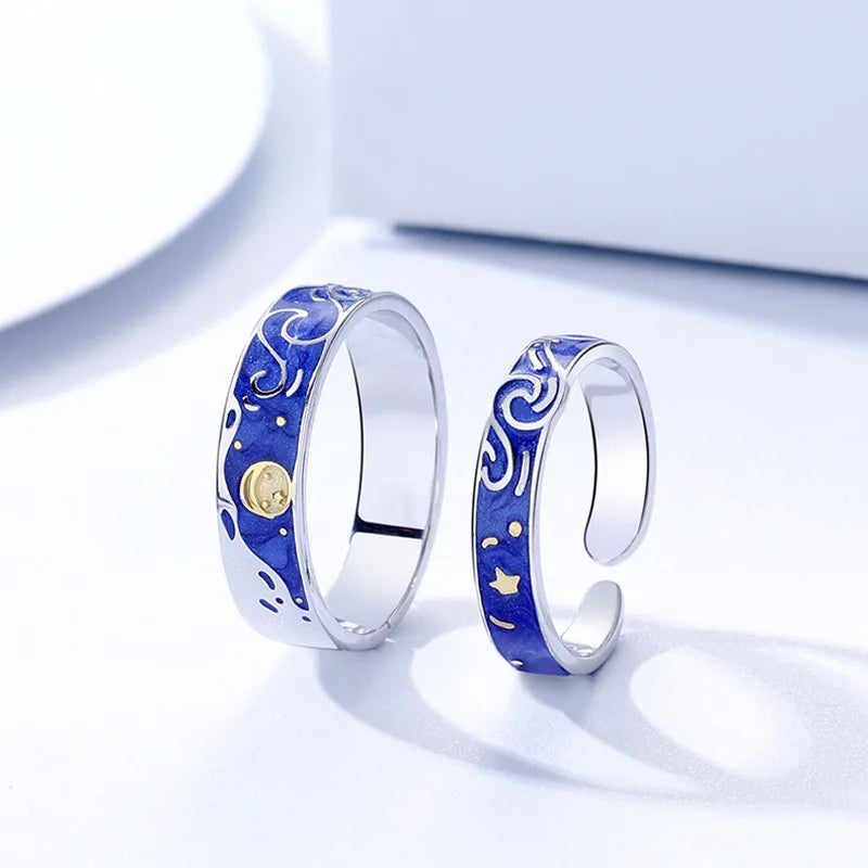 Universal High  End Elegant Sea  Blue S925 Silver Van Gogh Starry Sky Lovers Rings for Unisex