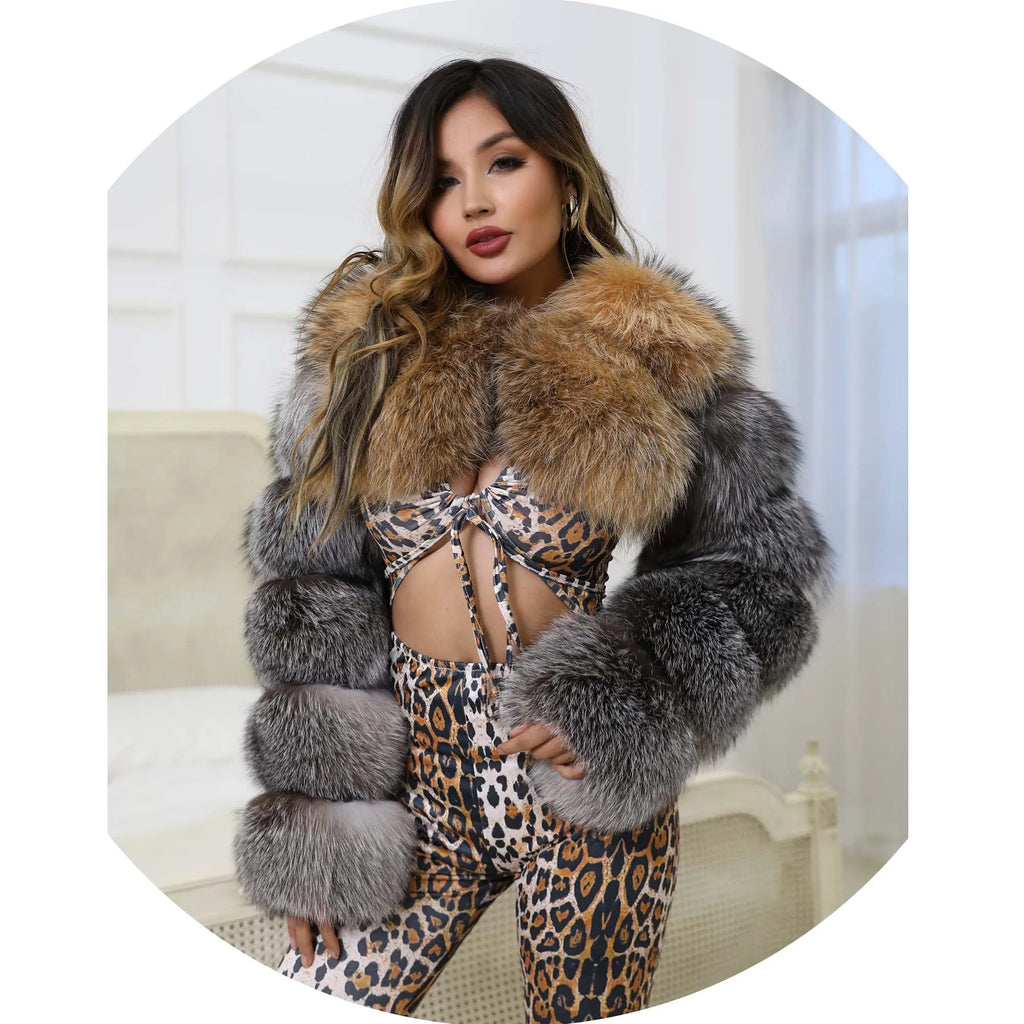 Women Real Fox Fur Bolero Jacket Unique Natural Fur Coat Two Fox Fur Sleeves