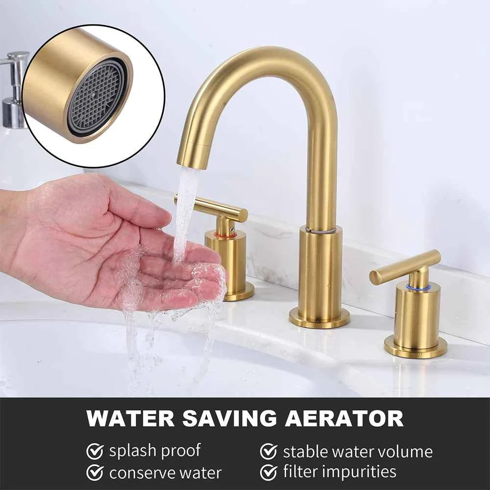 Brushed Gold Bathroom Vanity Water Faucet with 360 Degree Swivel Spout Bathroom Sink Faucet 3 Hole 2 Handle Gold Sink Faucet
