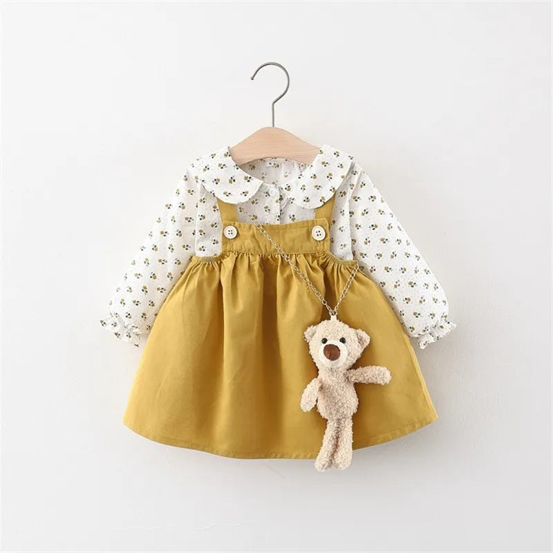 Autumn Baby Girls Clothes Outfits Toddler Princess Flower T-Shirt+ Strap Dress Suits for Girls Clothing 1 Year Birthday Set