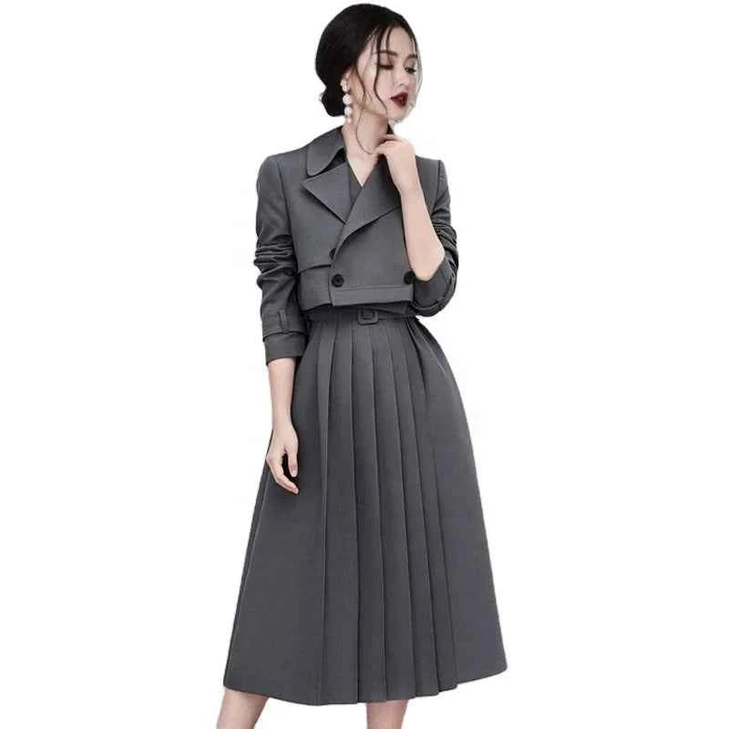 Fashion Women Wear 2 Piece Set Office Ladies Pleated Skirt Long Sleeve Blazer Dress