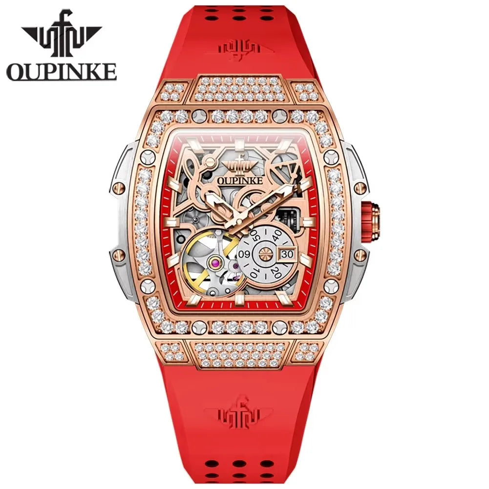 OUPINKE 3220 Hollow Skeleton Hollow Tourbillon Design Stainless Steel Sports Fashion Lady Automatic Mechanical Watch for Woman