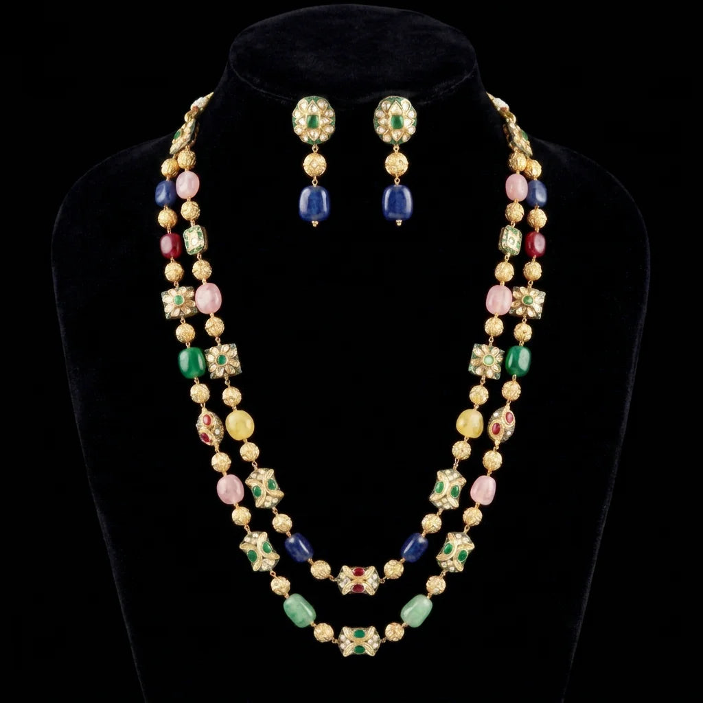 Luxury Multicolor Gemstone Long Necklace Earrings Bracelet Set Gold Plated Kundan Polki Beaded Statement Wedding Jewelry for
