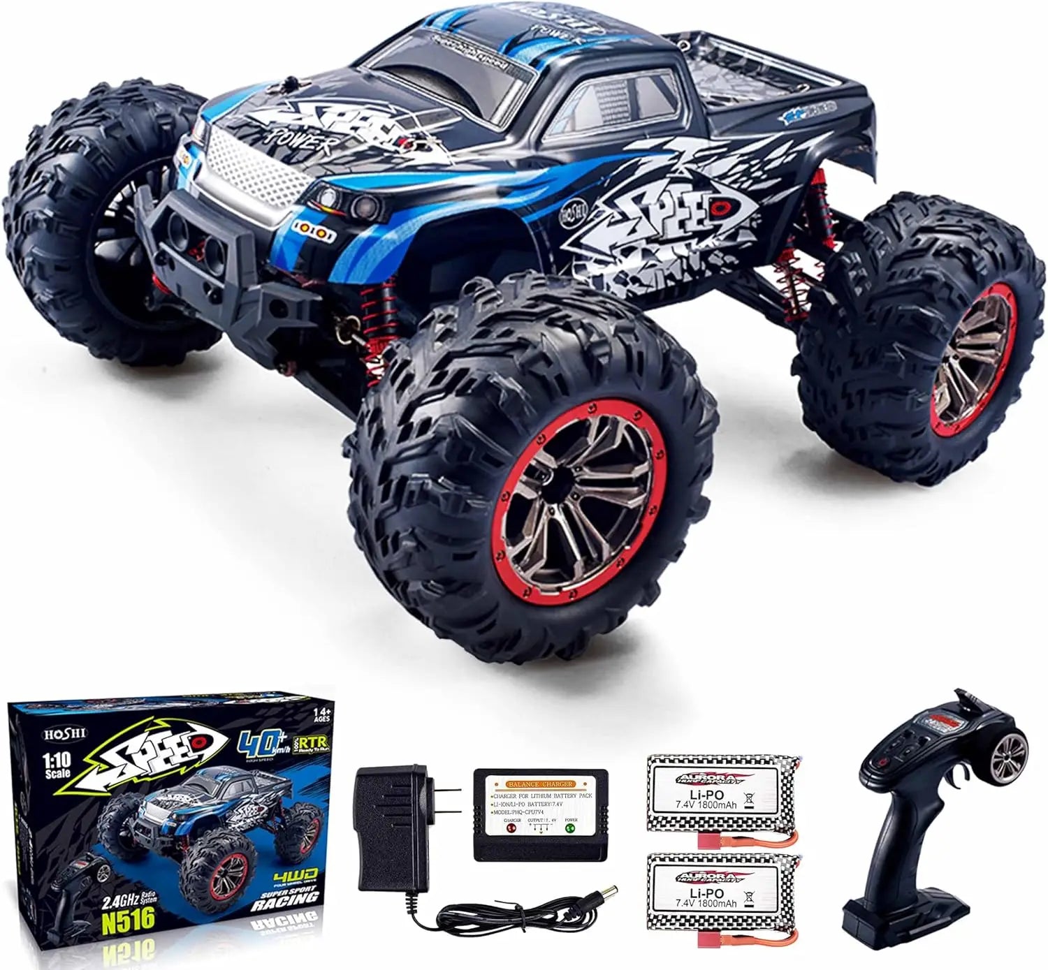 HOSHI N516 RC Car Truck 2XBATTERY Version Blue 2.4G 1/10 Racing Car 46KM/H High Speed Car Monster Truck Off-Road Vehicle Toys