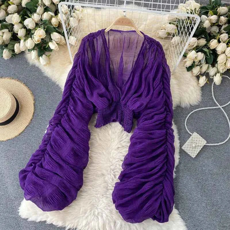 Summer Sexy Draped Chiffon Blouse For Women Elegant V-Neck Puff Long Sleeve Short Tops Female Slim Party Shirts 2022 New Fashion