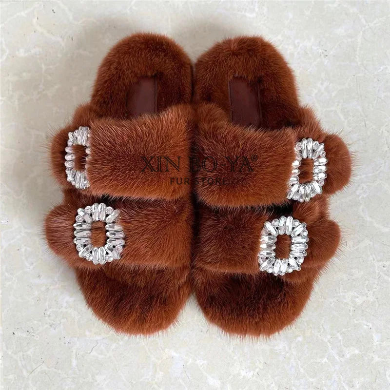 Wholesale Fur Slipper  Women Slides 2024 Women's Shoes Real Mink Fur Slipper  Flats Fashion Fur Slippers