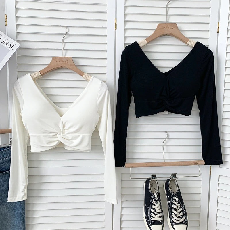 t shirt woman crop tops long sleeve kawaii T shirts built in bra women sexy top harajuku korean fashion