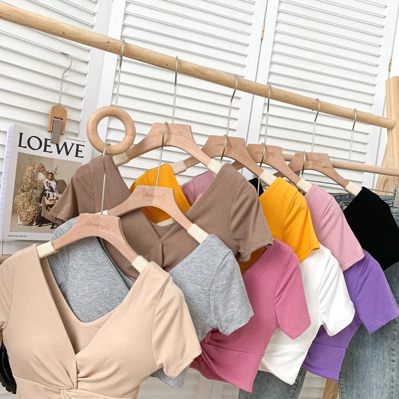 T Shirt  Woman Crop Tops Basic Short Sleeve Kawaii T Shirt Built In Bra Women Sexy Top Harajuku Korean Fashion