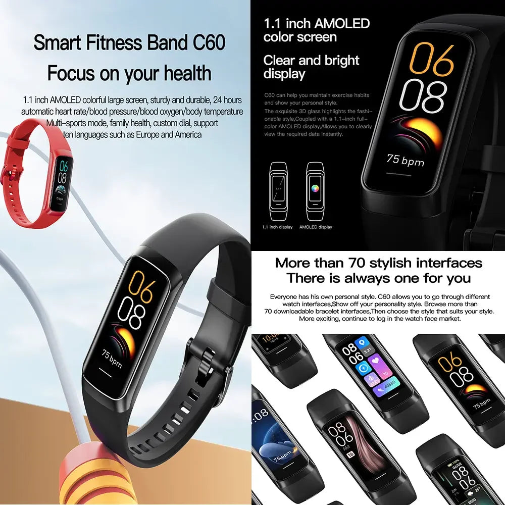 2024 New Arrival C60 SP02 HR BP Sleep Monitoring Smart Band IP67 Amoled Screen Display OEM ODM Bracelet Smart