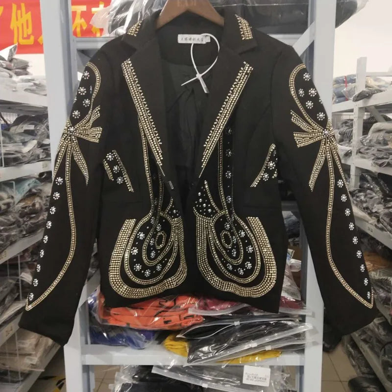 DEAT 2024 New autumn Turn-down Collar Full Sleeves Metal Beaded No Buttons Short jackets Female Single Suit WF18501L Black