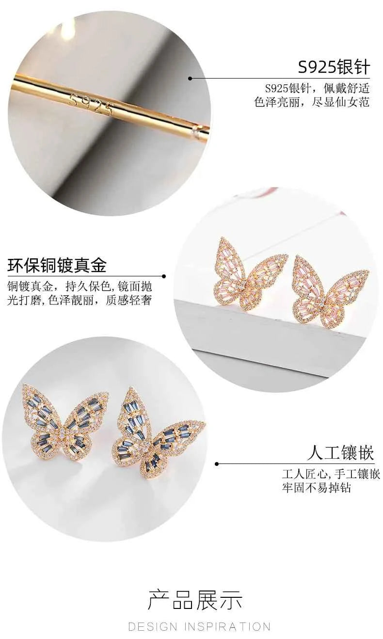 2023 New Butterfly Zircon Earrings Women's Korean Luxury Jewelry Literary Style Earrings Net Red Temperament Simple New Earrings
