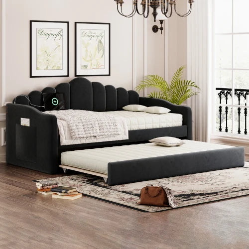 Modern Twin Size Velvet Upholstered Daybed Trundle USB Charging Ports Convertible Living Room Sofa Bed No Boxspring Needed Black