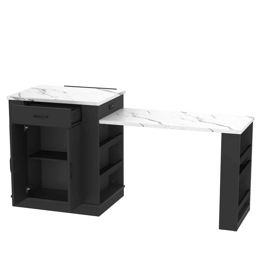 Extendable Island Console with Drawers, Double-door Cabinet, and Open Shelving. Serves As Dining Table