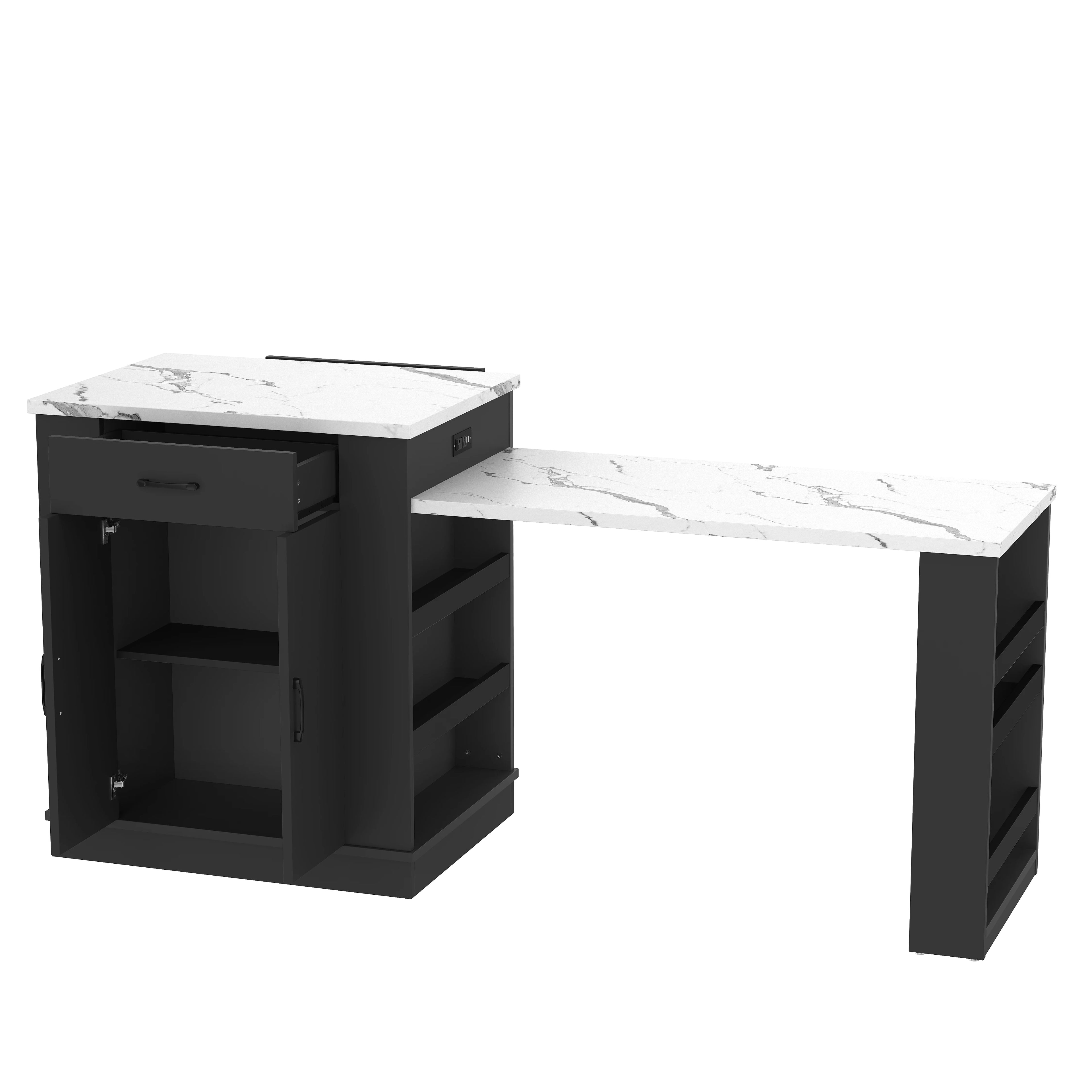Extendable Island Console with Drawers, Double-door Cabinet, and Open Shelving. Serves As Dining Table