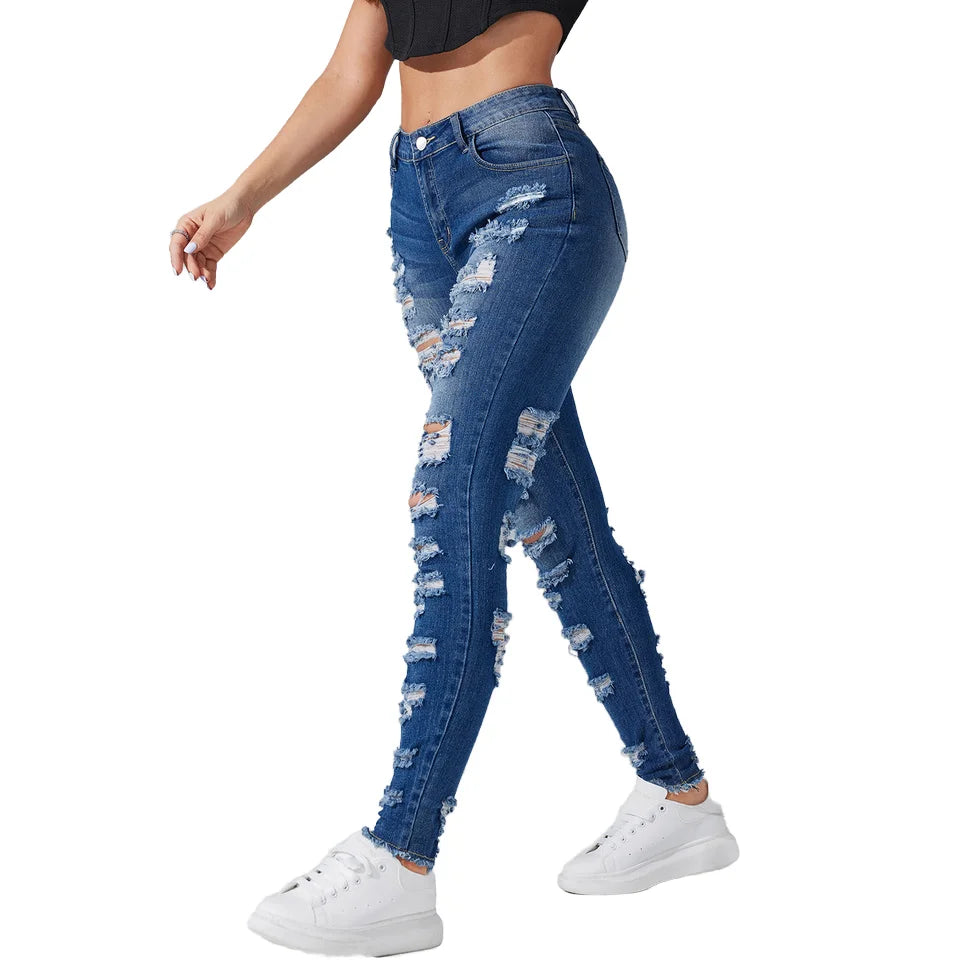 Free Shipping to USA- Wholesale Fashion Women Denim Jeans Blue High Stretchy Ripped Legging Slim Fit Pencil Pants Casual Waist