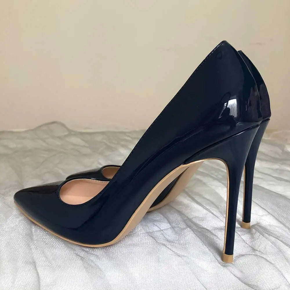 Tikicup Women Navy Blue Patent Pumps Low Cut Pointy Toe Stilettos Elegant Ladies Formal Slip On High Heels Fashion Dress Shoes