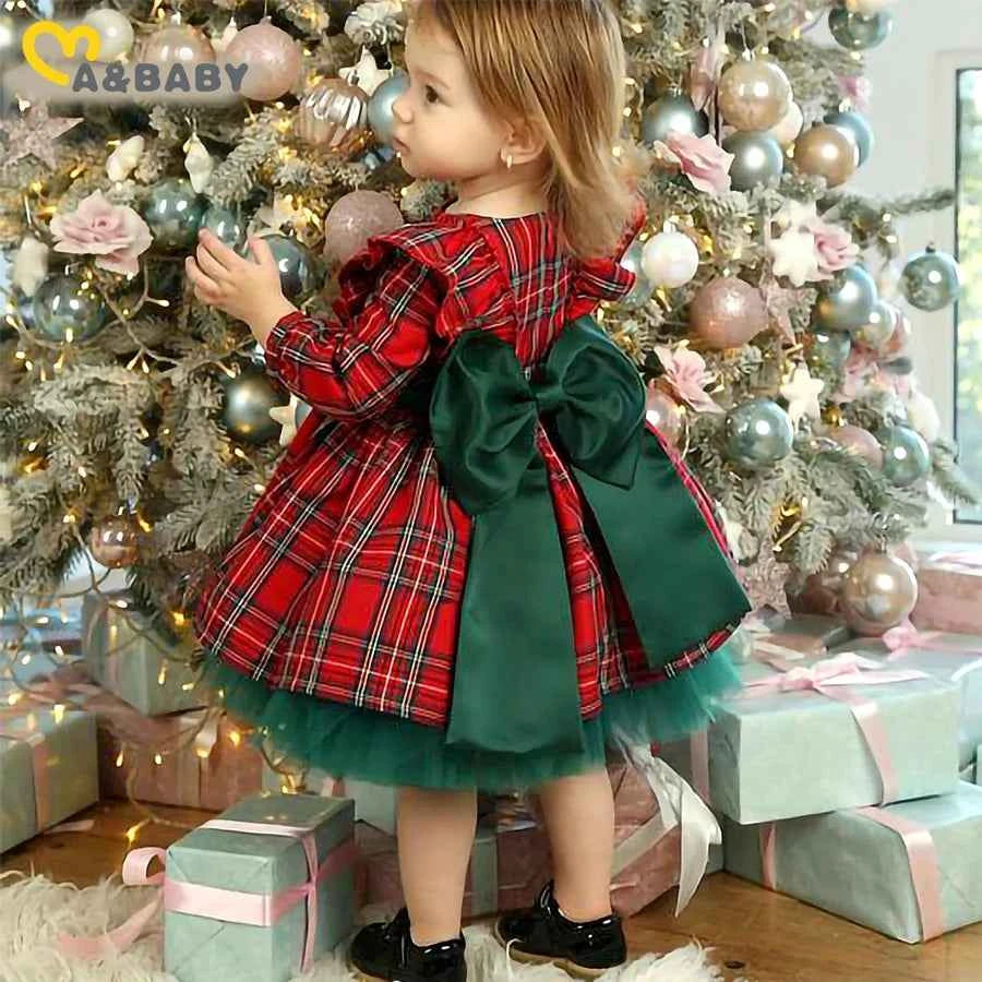 Ma&Baby 6M-6Y 2024 Christmas Red Dress For Girls Toddler Kid Child Plaid Bow Dresses For Girl Xmas Party Princess Costumes