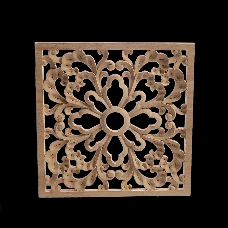 Decorative Wood Appliques Unique Exquisite Natural Floral Wooden Carved Onlay Decal Figurines Home Furniture Door Decor Square