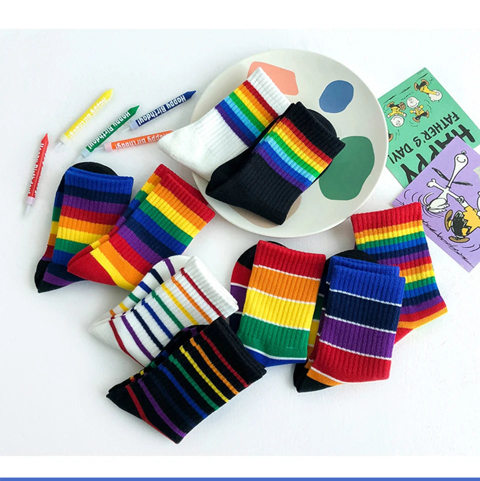 Kids Knee High Rainbow Socks Spring Summer Toddler Child Girls Boys Cotton White School Socks Stripe Long Sock Baby Accessories