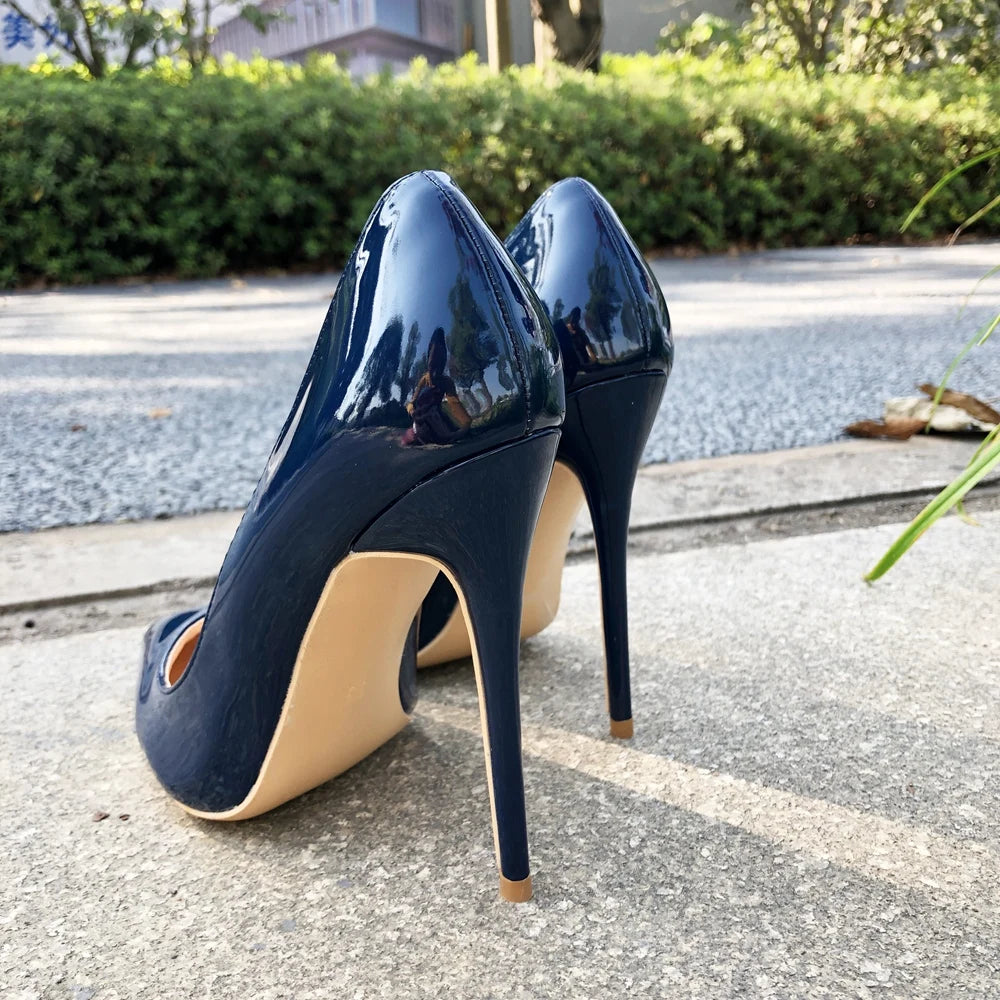 Tikicup Women Navy Blue Patent Pumps Low Cut Pointy Toe Stilettos Elegant Ladies Formal Slip On High Heels Fashion Dress Shoes