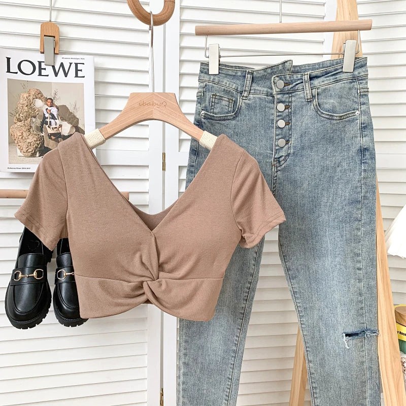 T Shirt  Woman Crop Tops Basic Short Sleeve Kawaii T Shirt Built In Bra Women Sexy Top Harajuku Korean Fashion
