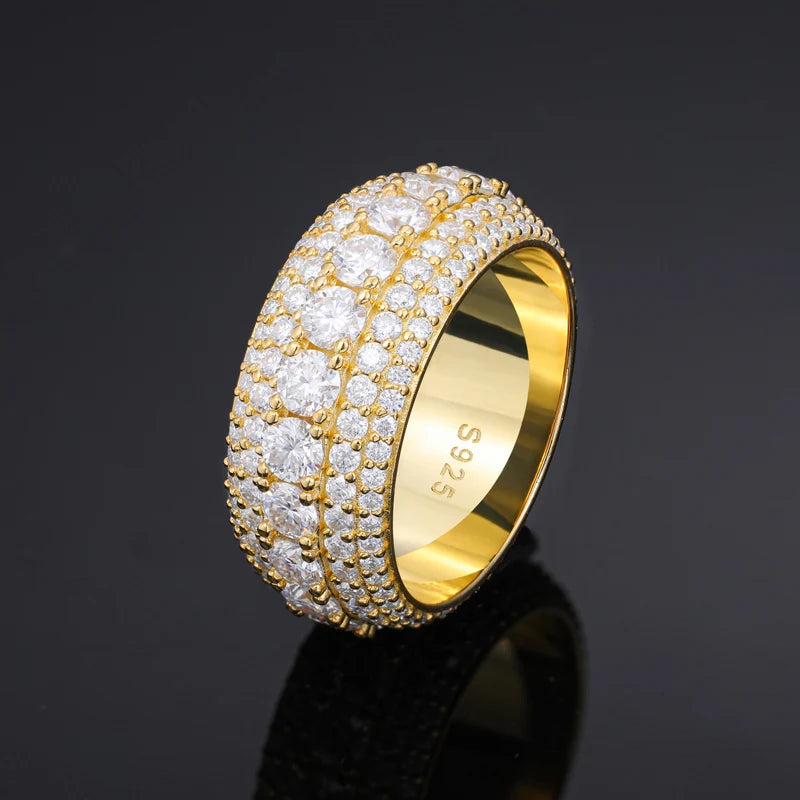 USA Warehouse Fashion Jewelry 5 Rows VVS Moissanite Diamond Bling Band Ring Gold Plate 925 Sterling Silver Wedding Ring for Men