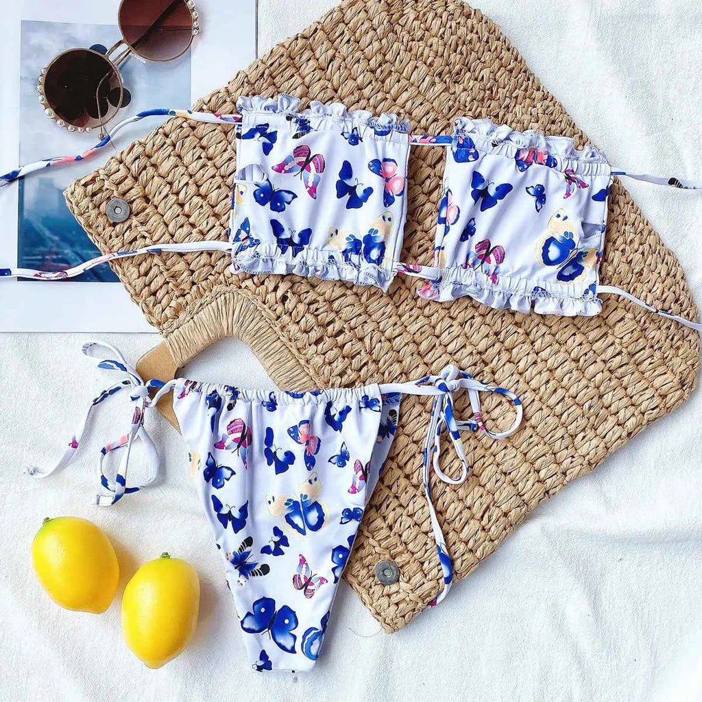 Sexy Bikini 2025 Pleated Bandeau Swimsuit Female Swimwear Women Mini Thong Bikini Set Bather Swimming Beachwear for Bathing Suit