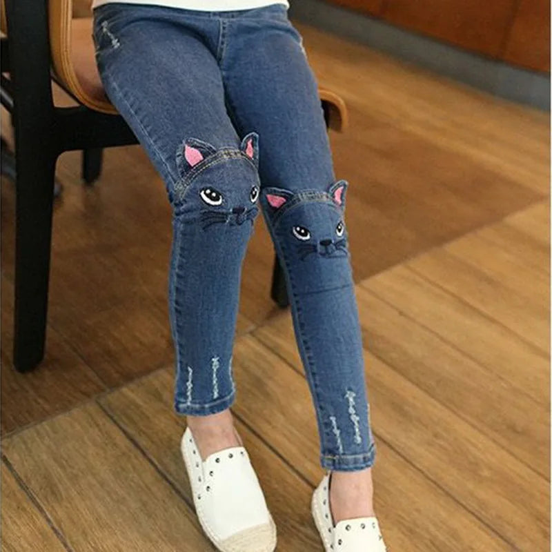 2026 Fashion Girl Jeans Cartoon Cat Jeans Print Blue Skinny Jeans Hole Pants Classic Chic Pants 3-11Y