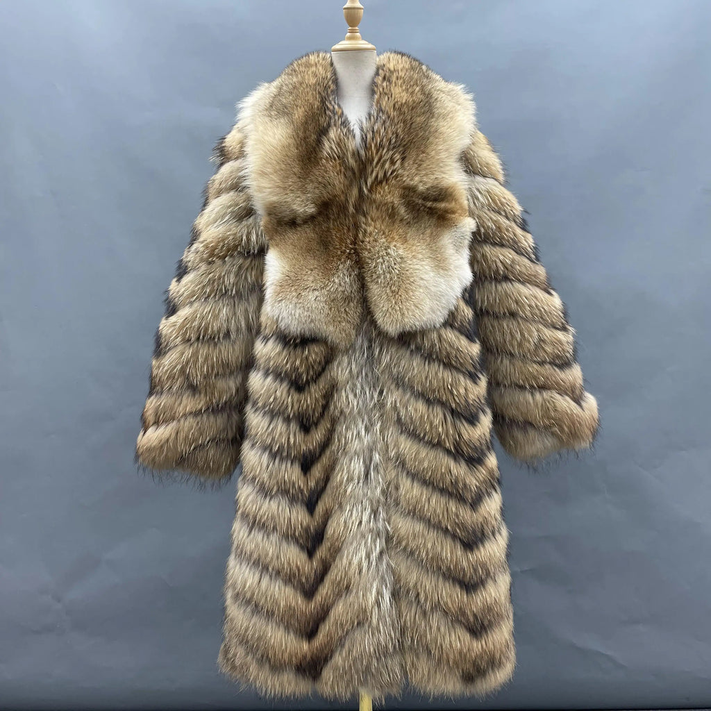 Super Luxury Full Fur Long Style Lady Women Genuine Raccoon Fur Coat Women
